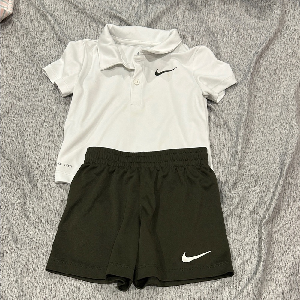 Nike White Polo Shirt with Olive Green Athletic Shorts